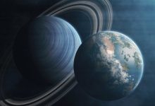 地球与带环行星的宇宙并置8K壁纸 免费下载-木豆壁纸网