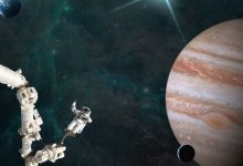 宇航员太空行走地球与木星同框8K壁纸 免费下载-木豆壁纸网